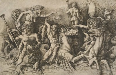 Die Schlacht der Meeresgötter (die linke Hälfte) von Andrea Mantegna